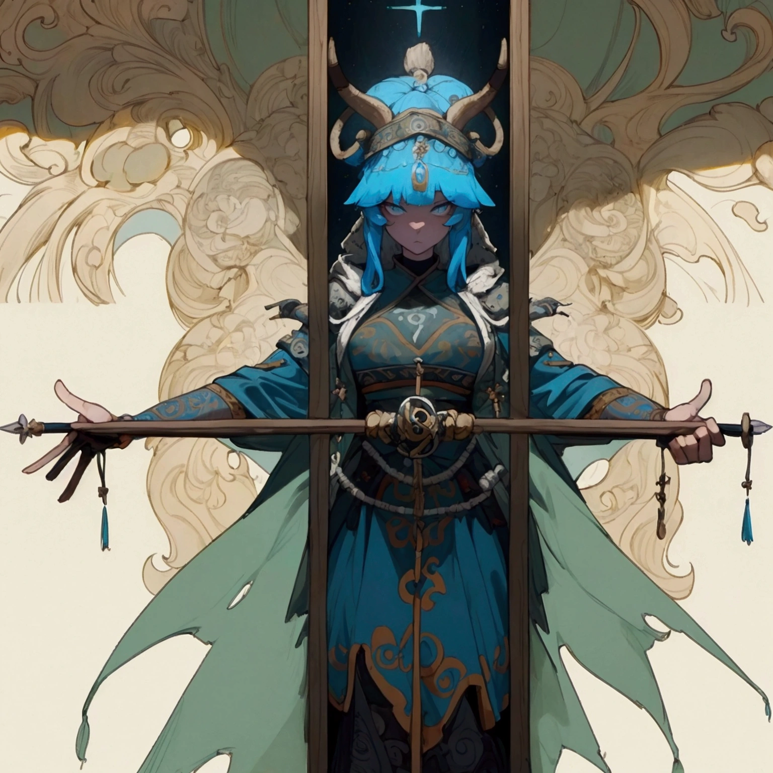 (((masterpiece, Best quality, high detail, 8 K))) Develop a layout of a game character's showcase, (masterpiece, Best quality) detailed, ((masterpiece)),(((Best quality))), character design, The main character in the Scandinavian Nordic theme. shaman, woman. interesting weapon, next to the character is a guardian spirit, shaman, unusual staff, dynamic pose, Details of the image. Interesting, full length, персонаж shaman, the spirit is near, the whole character, full length