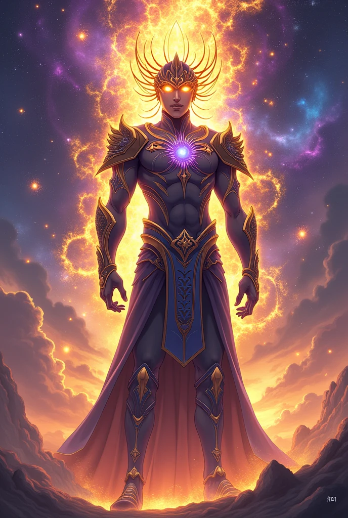 Create an image of Akiras as an ancient deity. Akiras stands tall, radiating a powerful golden and purple aura that envelops him like a cosmic storm. His eyes are vast and cosmic, reflecting stars and galaxies within them, symbolizing his connection to the universe. His body is adorned with divine armor intricately engraved with ancient symbols, blending futuristic elements with mystical runes. The background is filled with celestial phenomena, including swirling galaxies, bright nebulae, and distant stars, highlighting his godly status. Akiras’ expression is calm yet authoritative, exuding wisdom and immense power as the guardian of universal balance with anime style