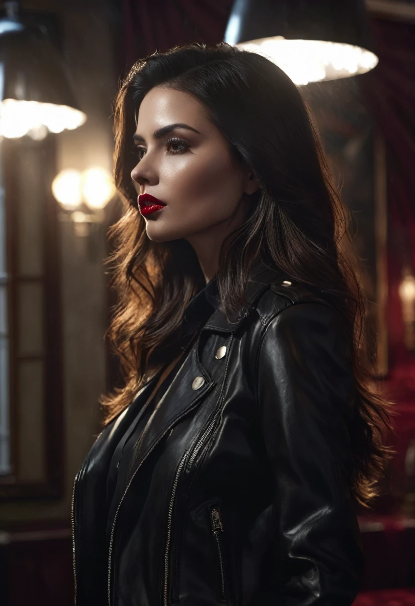 1 woman, inside a dark and gloomy house, wearing a blouse with a black leather jacket over it, detailed facial features, feminine brown eyes, detailed brown skin, very long brown hair, red lipstick, dramatic lighting, cinematic composition, dark palette, dark colors, atmospheric haze, thin chin, serious face, beautiful woman, adult woman, ultra realistic, profile picture, gorgeous, surreal beauty, 25 years old, (best quality, 4K, 8K, high resolution, art: 1.2), ultra detailed (realistic, photorealistic, photorealistic: 1.37)