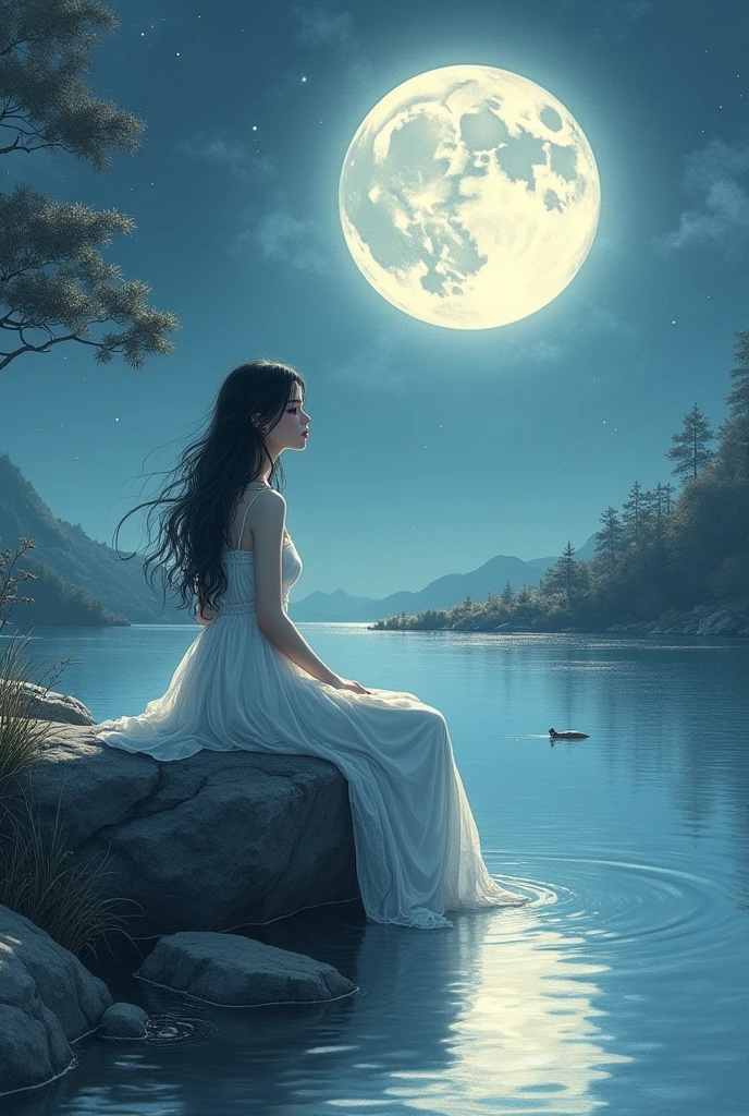 A drawing of a beautiful woman sitting on a rock with the moon in the background, lake reflects moonlight, anime style, pencil strokes, soft shading