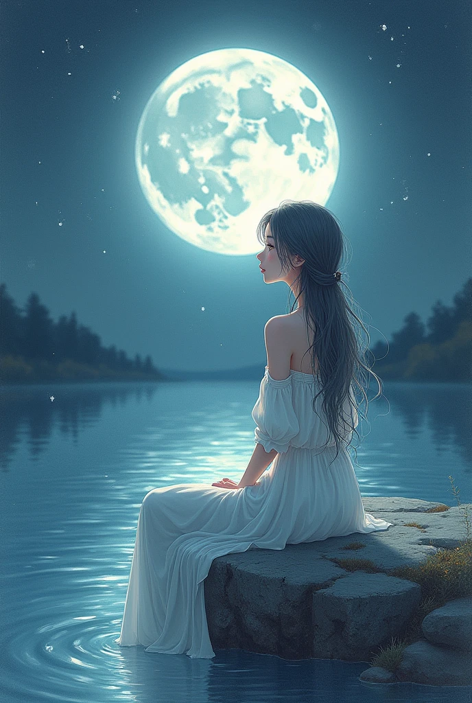 A drawing of a beautiful woman sitting on a rock with the moon in the background, lake reflects moonlight, anime style, pencil strokes, soft shading