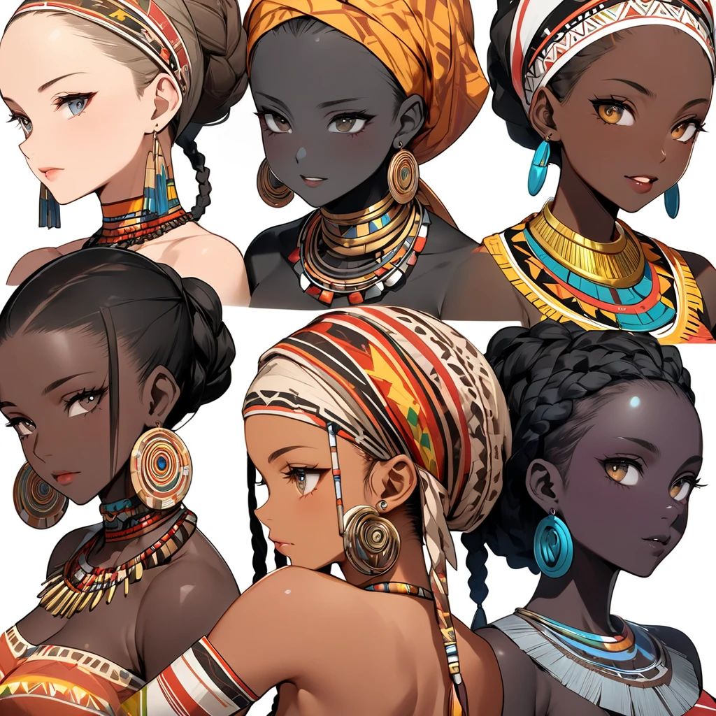 ((Highest quality)), ((masterpiece)), (detailed), (Perfect Face)、The woman has been shaved bald by the women of the village.、The woman has bright black skin、(Ghana braids with strong curly hair slicked back)、Black, dark skinned, African native tribal woman、The amount of hair is small、Light brown hair、Very short curly hair、Ghana braid hair, finely and delicately braided into Ghana braids and slicked back、Her hair is braided and thin, and she wears a tribal headdress and a tribal headscarf.、African black woman beautifully dressed in tribal clothing, tribal earrings and tribal accessories, wearing tribal makeup、A beautiful tribal woman with tattoos all over her body、Women in tribal village night rituals、The woman's hair is dyed black by the other women in the village and styled like an African woman's.