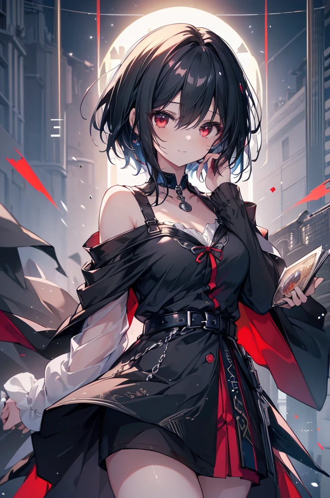 (masterpiece, highest quality, highest quality, (No text), Beautiful and aesthetic:1.2),No text,アニメ、BREAK,One Girl，Black Hair Girl　short hair　older sister　choker　Beautiful eyes　Red eyes　cool　smile　Black and Red　whole body　In town