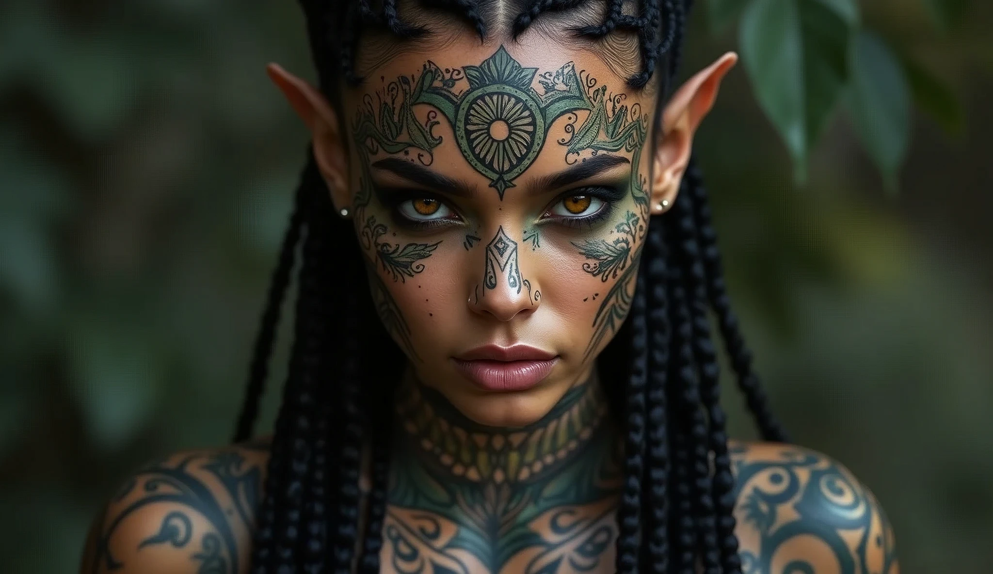 a pose of a beautiful woman with tattoos on her face and body, beautiful female android, tattooed face, dark elf, skin black, intricate braided hair, portrait in matte painting, photo by full body, glare eyes, she is dressed in shaman clothes, heavy make-up, pintura tribal, Celta, fractalpunk, cryptopunk, (attractive young man: 1,3) , (seducer:1,1), detalhamento, a lot of femininity, enticing, dazzling, cinematic lighting, dramatic lighting, warm color tones, dramatic colors, (best qualityer, 4K, 8k, high resolution, Masterpiece artwork: 1.2), (realisitic, foto realisitic 1,37), HDR, 16:9.