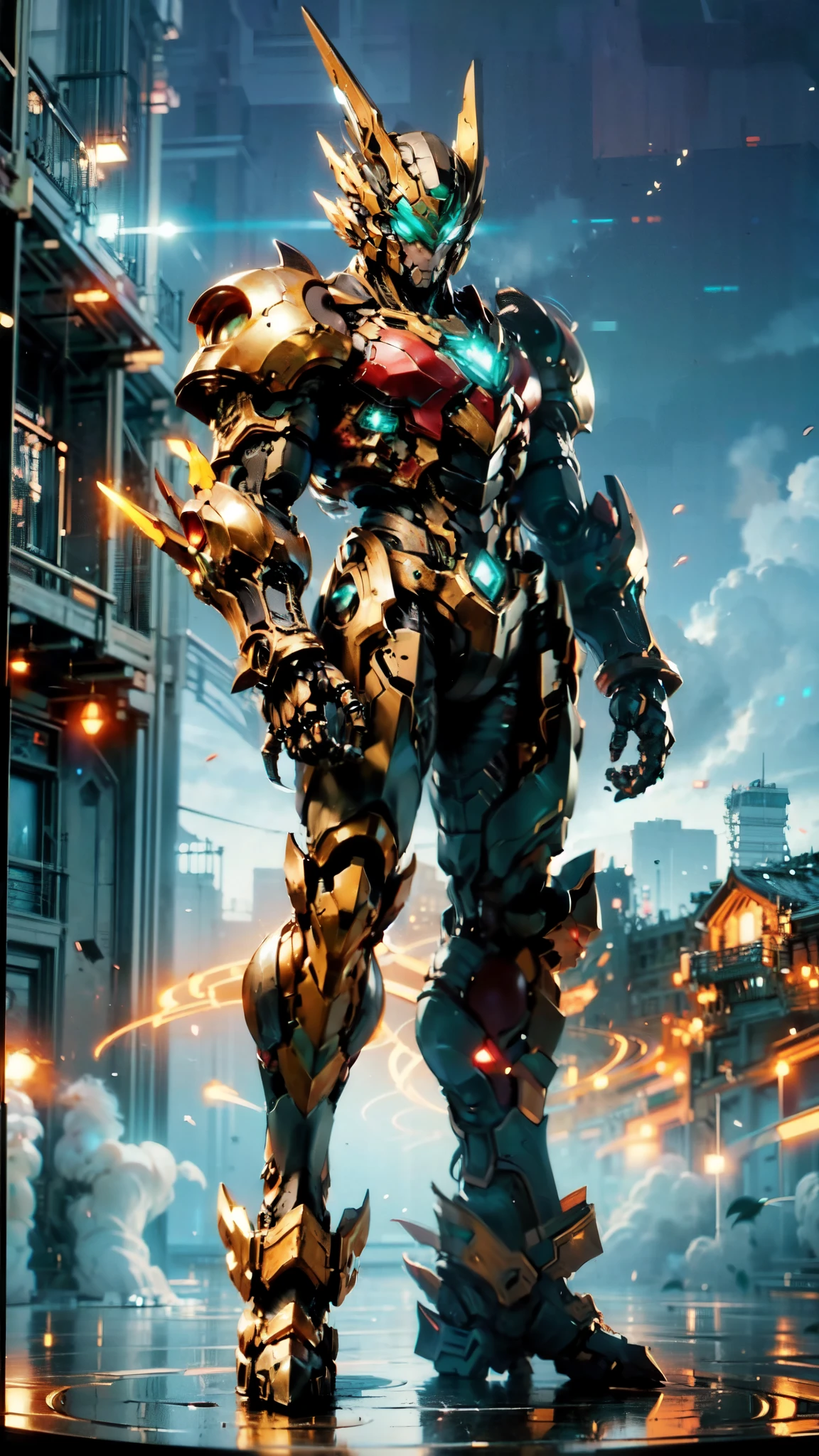 (masterpiece:1.5, best quality:1.tremely delicate:1.5, superhero pose:1.5), a man wearing a full-face helmet, a fantasy-style biotech armored combat suit, green eyes, (a composite layered  armor), fully enclosed shoulder guards, matching arm and leg guards, belt of Neon circuit, (the color scheme is primarily black with green and red accents), the design balances heavy with agility, a high-tech bio-mecha armor, (Armor Concept Inspired by Vampire, stand on the top of a skyscraper in a futuristic sci-fi city), this character embodies a finely crafted fantasy-surreal style armored hero in anime style, exquisite and mature manga art style, (element, plasma, energy, the armor glows), ((male:1.5)), metallic, high definition, highres, ultra-detailed, ultra-fine painting, professional, perfect body proportions, golden ratio, anatomically correct, symmetrical face, extremely detailed eyes and face, high quality eyes, creativity, RAW photo, UHD, 32k, Natural light, cinematic lighting, masterpiece-anatomy-perfect