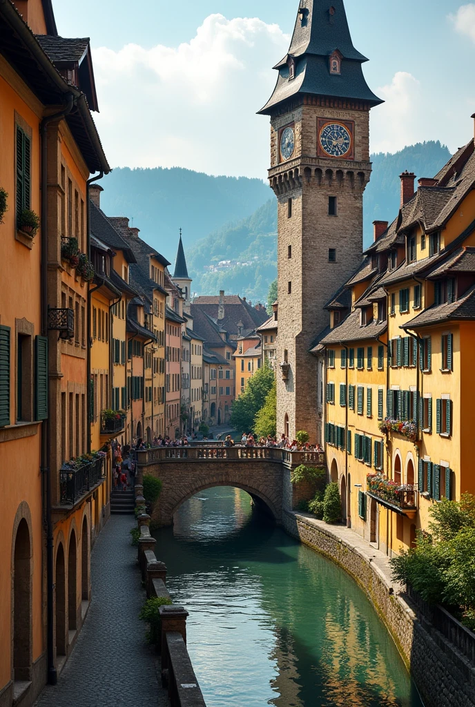Here is a photo of Bern, the capital of Switzerland, showing the historic old town with its famous landmarks such as the Sieglogge clock tower. (Zytglogge) and cobblestone streets.