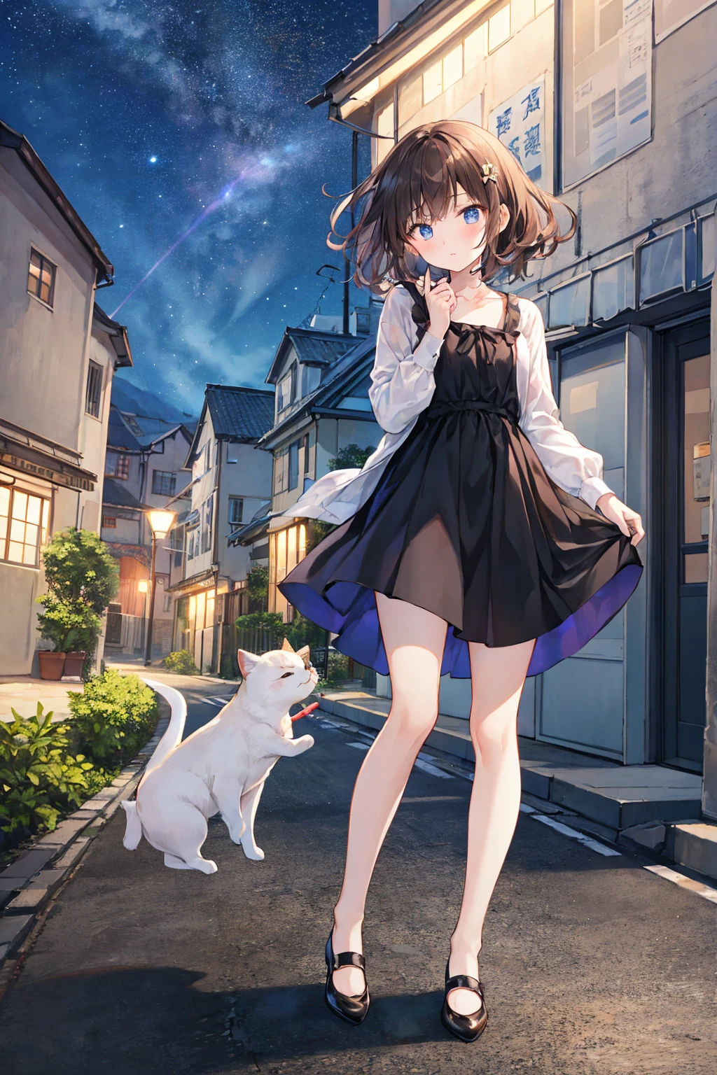 （Cute older sister:1.3）、(Very detailed)、summer、she、Messy Hair、The whole body is visible，Beautiful feet，Active，pumps，moisture、Brown Hair、night、suit，Small breasts，Flat chest，Cityscape，美しいnight景，((Highest quality)), (Very detailed), (High-definition CG synthesis 8k wallpaper), 高いly detailed,  高い-definition raw colbor photos, Professional photography,  Written boundary depth,Looking up at the sky，