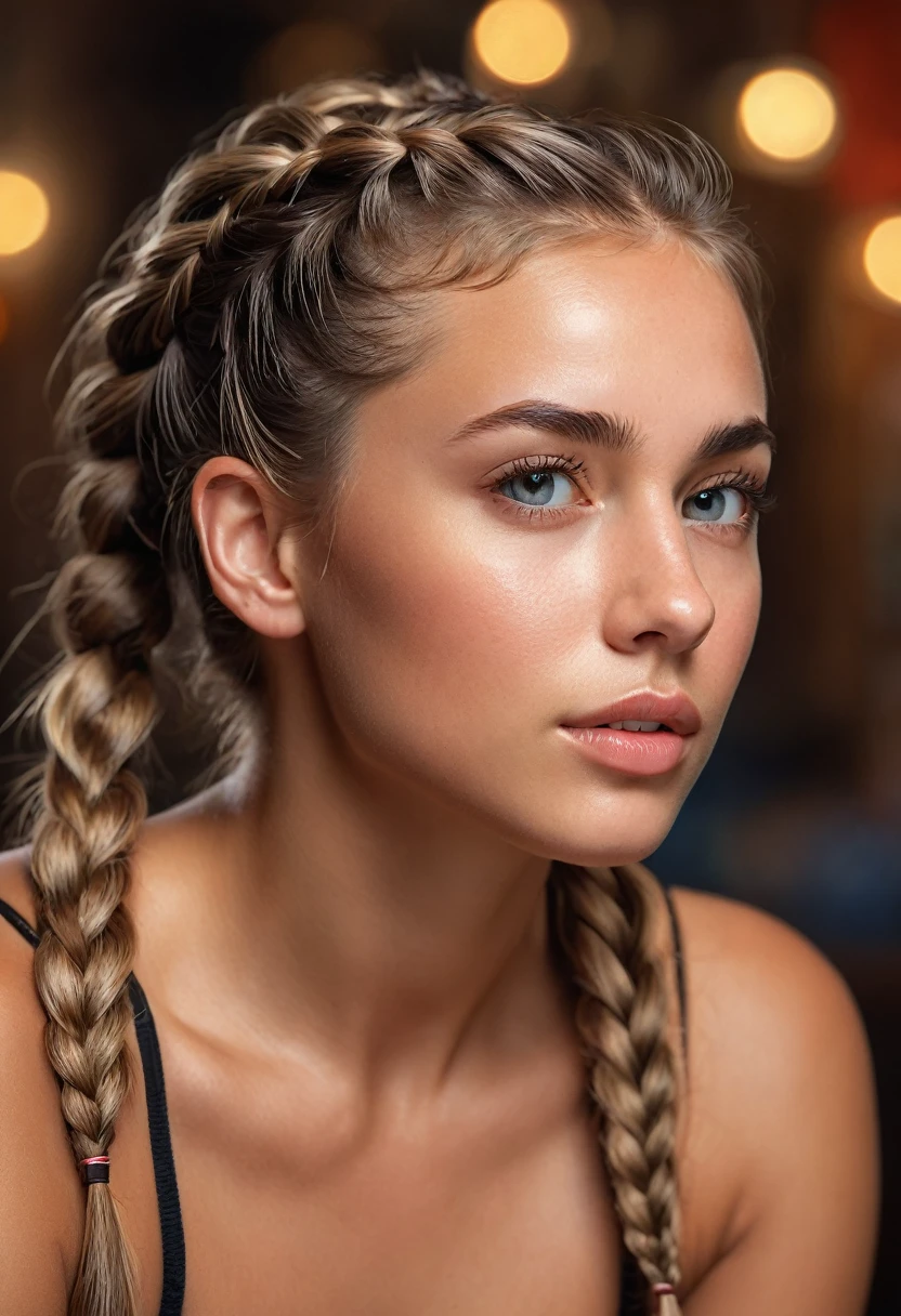 very european features , (v shaped jawline :2, )a tanned sexy french girl with a french braid kneeling and looking up, detailed face, beautiful eyes, lips, and skin, (best quality,8k,highres,masterpiece:1.2),ultra-detailed,realistic,photorealistic,photo-realistic:1.37,HDR,UHD,studio lighting,ultra-fine painting,sharp focus,physically-based rendering,extreme detail description,professional,vivid colors,bokeh,sensual,sexual,european,portrait
