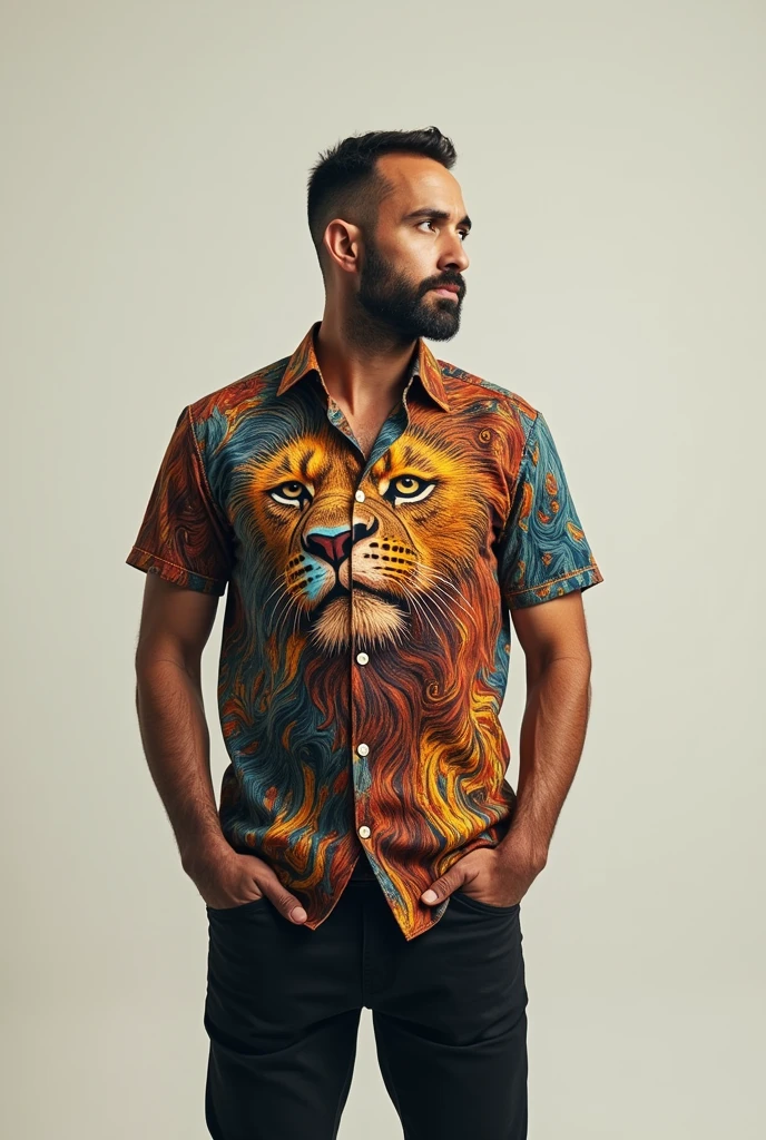 Man with a shirt patterned with an image of a lion along with a harp, but without any background behind