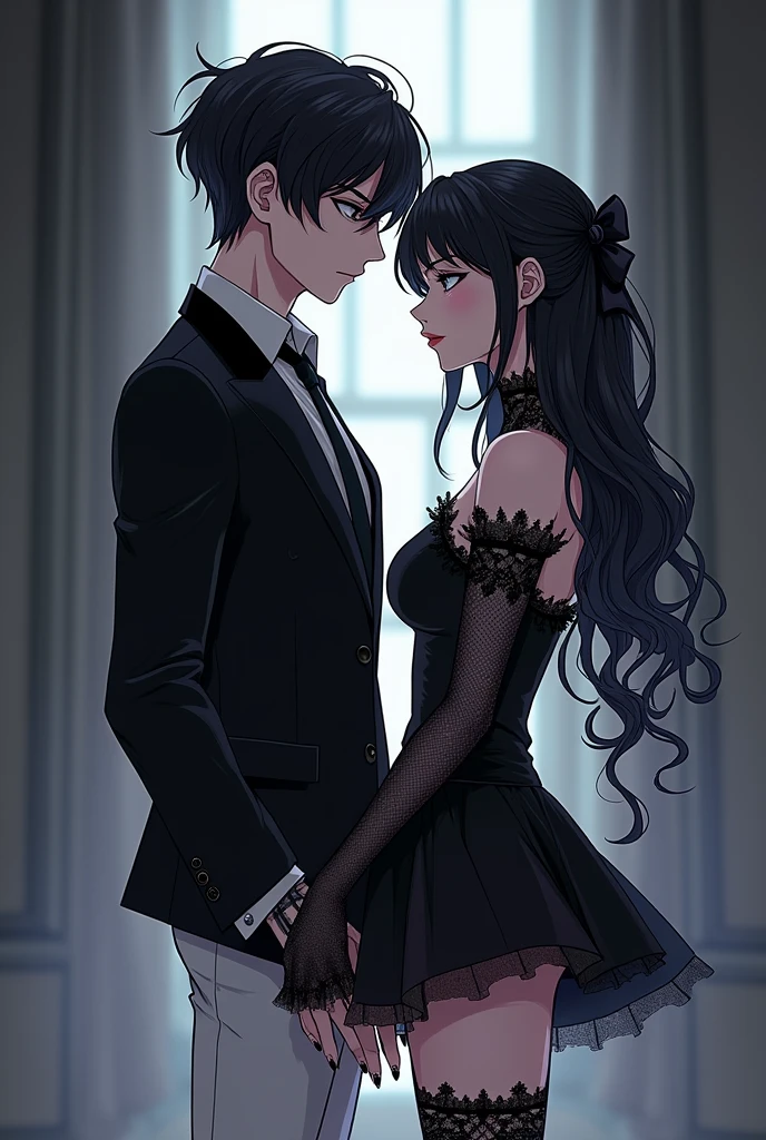 Male. Long black hair. Teal blue eyes, Male, Blue and black frilly gothic clothes, Surrealism, Sexy, Masterpiece, Shiny, 8k, super detail, Shiny, Beautifully detailed, Pretty drawn. Anime style. Sexy pose, hot. Seductive pose. Anime style. Kissing a hot blonde male. (((Male x Male))))