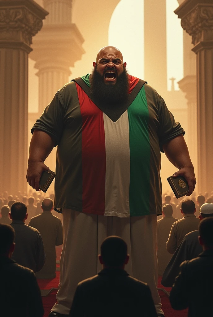 A big angry fat man  his wearing Palestine flag, and his speech Qur'an and others people pray namaz