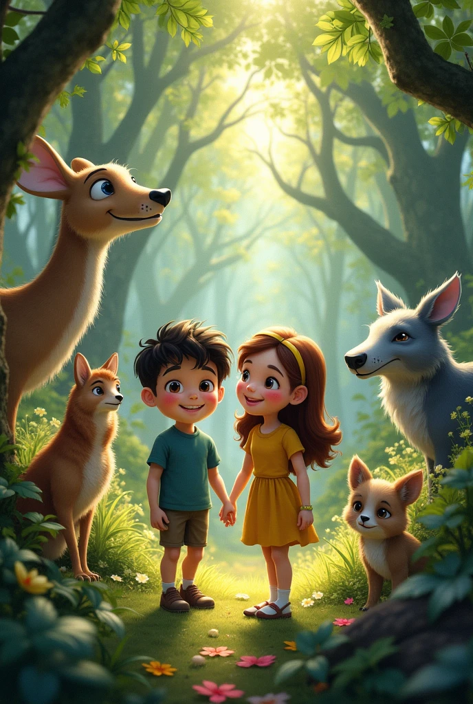 À medida que avançavam pela floresta, Pedro e Laura, encontraram animais falantes e encantadores.
