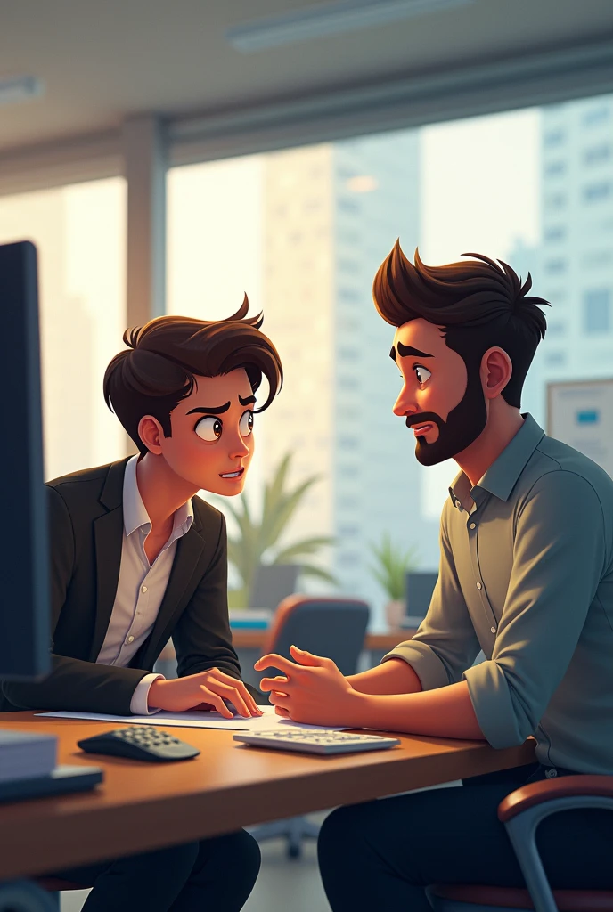 Image: Two office colleagues, Sam and Jordan, are at their desks. Sam is looking stressed and is writing an email, while Jordan is looking concerned. Text: Sam says, "I need help with this report. I’m not sure how to finalize the data." Jordan replies, "Sure, let’s discuss it."