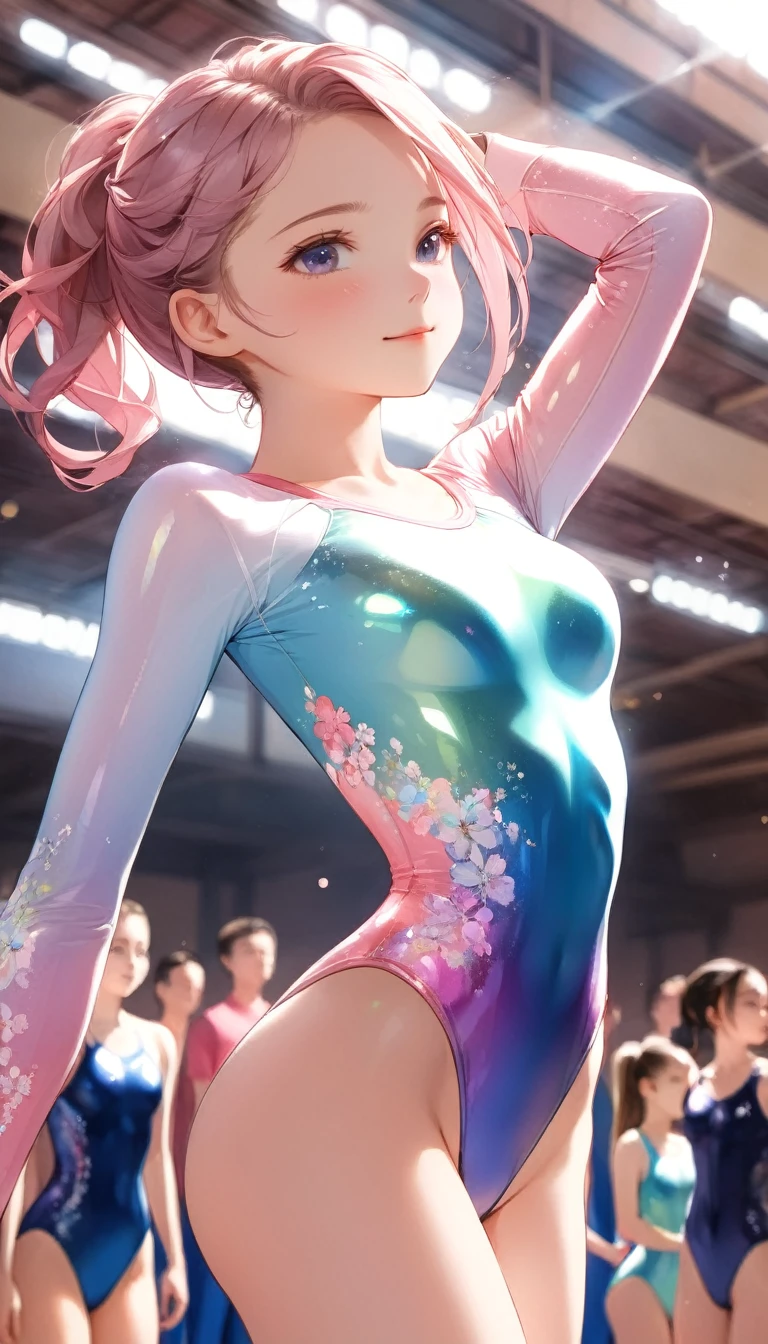 highquality illustration, masterpiece, very delicate and beautiful, attractive girl,((gymnastics leotard,tight-fit
 leotard,long sleeve leotard,long_sleeve leotard,high_leg leotard,athletic leotard,floral patterns leotard,iridescent gradient leotard)), audience reactions,thin,slender body,slim,high school,gymnasium,gymnastics club,beautiful eyes,(masterpiece, best quality:1.2), highres, extremely detailed CG unity 8k wallpaper, perfect lighting, Colourful, ultra-high res,4K,ultra-detailed, photography, 8K, HDR,  17 ages,cowboy shot,
