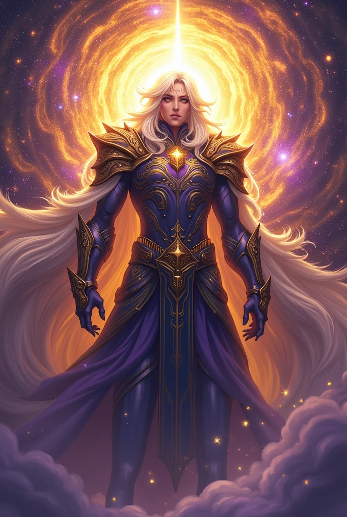 Create an image of Akiras as an ancient deity. Akiras stands tall, radiating a powerful golden and purple aura that envelops him like a cosmic storm. His eyes are vast and cosmic, reflecting stars and galaxies within them, symbolizing his connection to the universe. His body is adorned with divine armor intricately engraved with ancient symbols, blending futuristic elements with mystical runes. The background is filled with celestial phenomena, including swirling galaxies, bright nebulae, and distant stars, highlighting his godly status. Akiras’ expression is calm yet authoritative, exuding wisdom and immense power as the guardian of universal balance with anime style