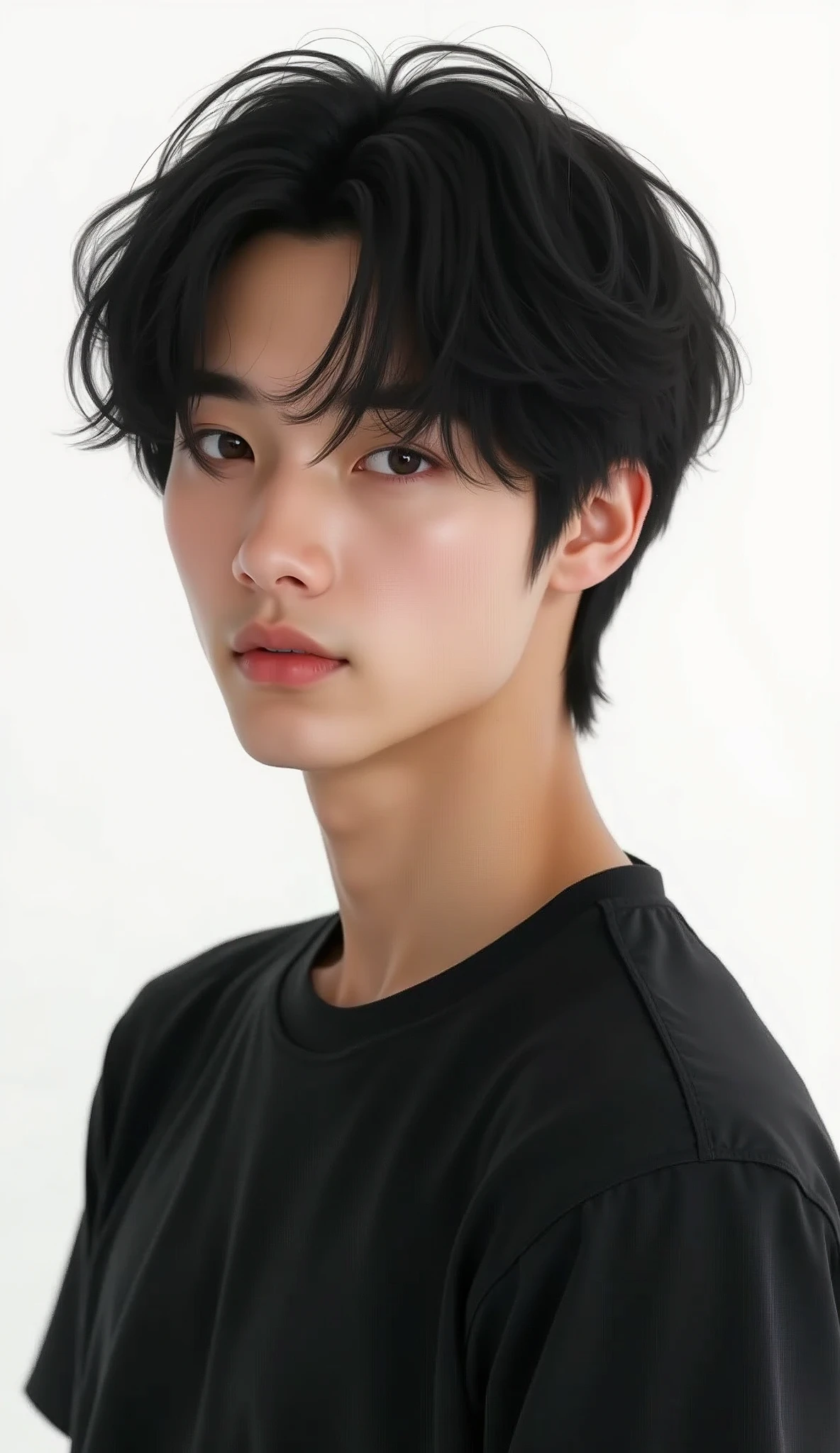On a white background、A young man wearing a plain black unisex T-shirt、Beautiful Face、Japanese、22 years old、Black Hair、Bobcut、Upper Body。