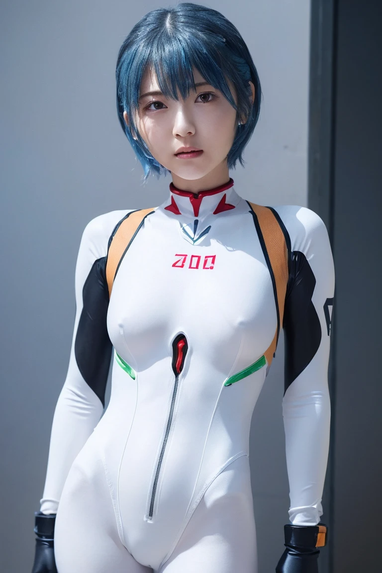 ((One Girl:1.4)),(masterpiece, Highest quality), ayanami,Plug Suit, Bodysuits, Interface Headset, white Bodysuits, Are standing,((Looking into the camera)),Blue Hair、Berry Short、