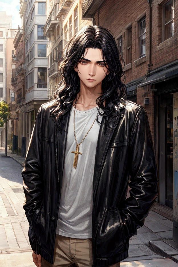 "A young man with wavy black hair and brown eyes, standing in a sunny urban street with soft-focus background. He has a slightly serious expression, wearing a black jacket over a gray shirt, with a necklace visible. The art style is detailed and semi-realistic, capturing a mix of anime and realism with a warm color palette. The sunlight casts soft shadows, and the background suggests an outdoor setting with buildings and a clear sky.