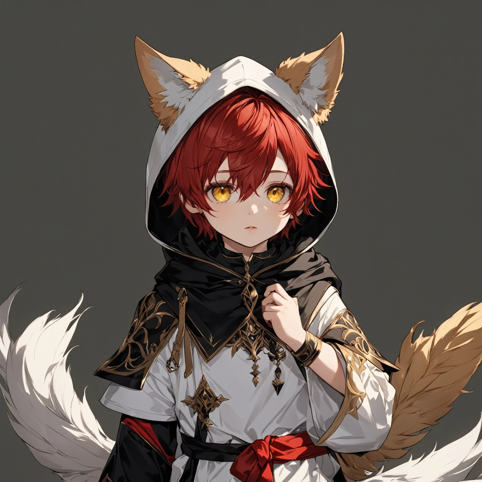 masterpiece, best quality, good quality, Highly detailed, shadowverse style, male, child, red hair, short hair, boy, child, yellow eyes, cute, dog ear, hooded, white and black main color, modern aesthethic