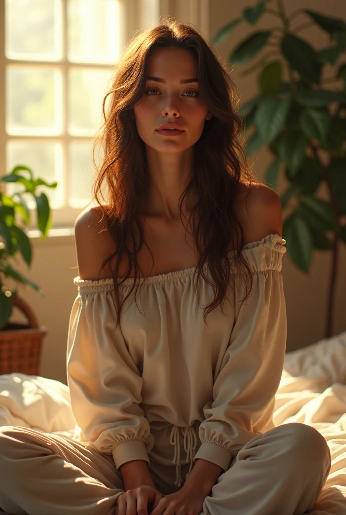 (photorealism:1.2), beautiful woman, sitting on bed, wearing loose off-shoulder top, pajama pants, long curly hair, indoors, soft lighting, plants in background, window with sunlight, cozy room, relaxed pose, realistic, intricate details, warm colors, by Greg Rutkowski, by Alphonse Mucha