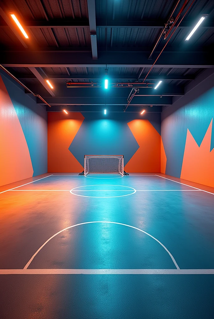 Create a small indoor futsal court with modern and well-lit decor but no windows.