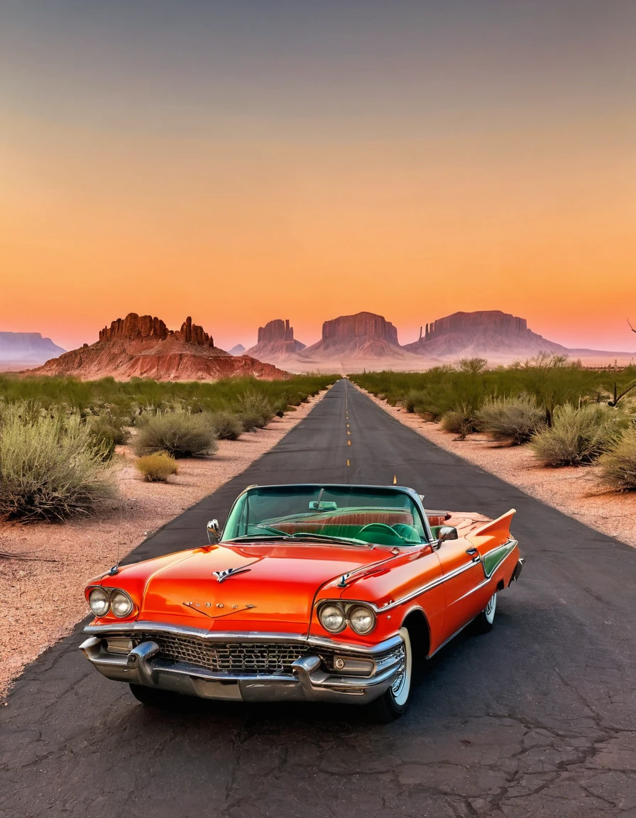 In the desert,A road winding into the distance,buzzer,very hot,buzzer,Orange desert red sky,A green vintage convertible is parked in the middle of the road