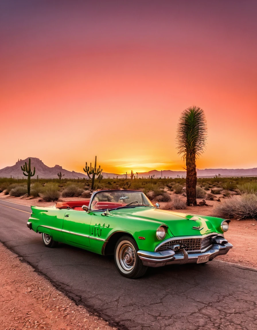 In the desert，A road winding into the distance，buzzer，very hot，buzzer，Orange desert red sky，A green vintage convertible is parked in the middle of the road