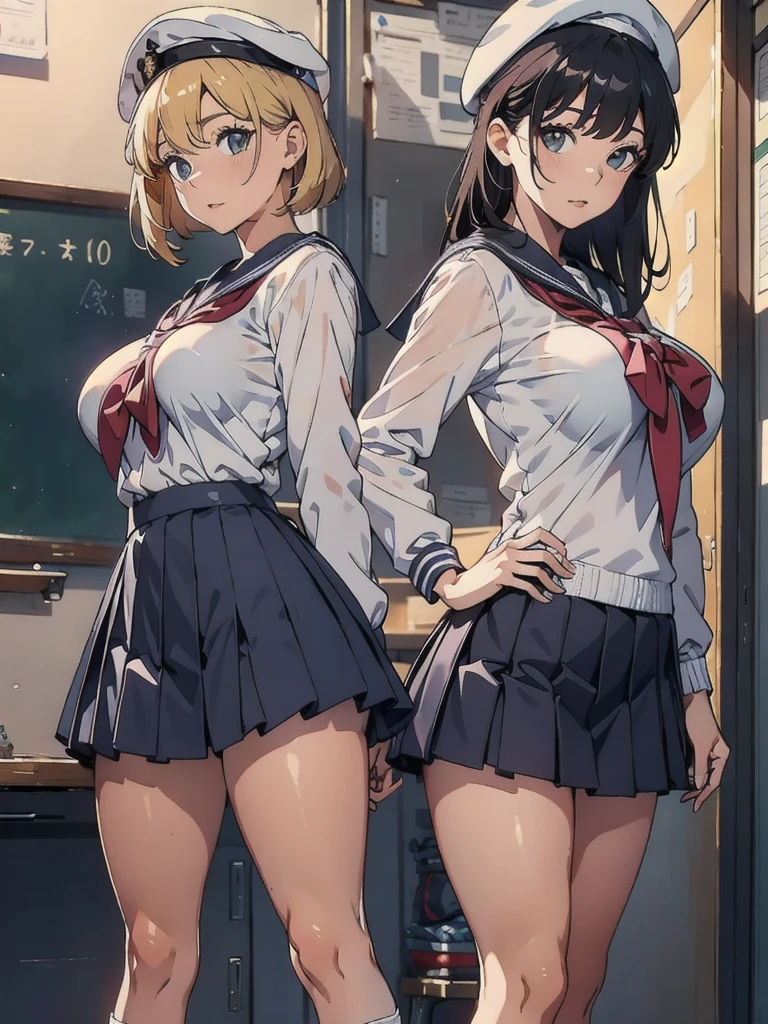 Two women in uniform posing for a photo, Photorealistic perfect body、Standing back to back、high school student,、Big Breasts、Sailor suit、mini skirt、beret