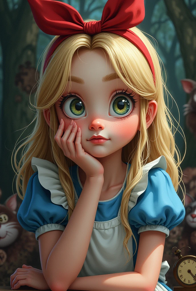 Draw a full-body portrait of Alice in Alice in Wonderland to capture a moment of deep contemplation. Her expression should be a mixture of curiosity and a hint of unease, as if she is deeply questioning reality and her place in it. Her large eyes should be wide open, reflecting the surreal world around her. A smiling Cheshire cat, a clock, inside the kingdom of Wonderland, etc. The lighting is soft yet dramatic, casting gentle shadows that emphasise the depth of her thoughts. Her hair could be slightly dishevelled, as if she has been on a long journey, and the iconic  red　headband could be slightly slanted to add to the sense that she is pensive. The colour palette is a mix of soft pastels and dark, introspective tones to create a balance between innocence and the complexity of her thoughts.