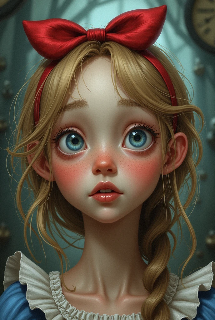 Draw a full-body portrait of Alice in Alice in Wonderland to capture a moment of deep contemplation. Her expression should be a mixture of curiosity and a hint of unease, as if she is deeply questioning reality and her place in it. Her large eyes should be wide open, reflecting the surreal world around her. A smiling Cheshire cat, a clock, inside the kingdom of Wonderland, etc. The lighting is soft yet dramatic, casting gentle shadows that emphasise the depth of her thoughts. Her hair could be slightly dishevelled, as if she has been on a long journey, and the iconic  red　headband could be slightly slanted to add to the sense that she is pensive. The colour palette is a mix of soft pastels and dark, introspective tones to create a balance between innocence and the complexity of her thoughts.
