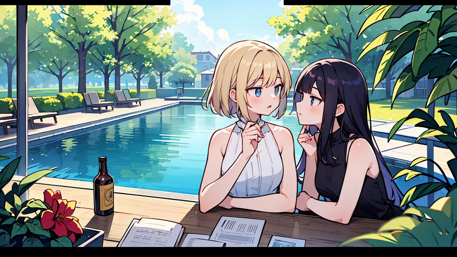 (masterpiece, best quality),2 women, different hair colors, different faces,letterboxed, perfection of fashion,chapped lips, sleeveless,dress,upper body, from the side,Infinity Pool,The horizon is reflected,Lounge Chair,marble floor,Advanced Table,outdoor,Study at the table

 
