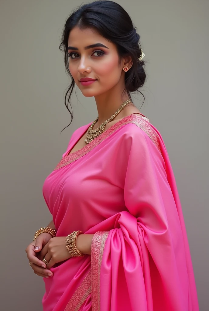 An indian woman, in pink saree no ghumta