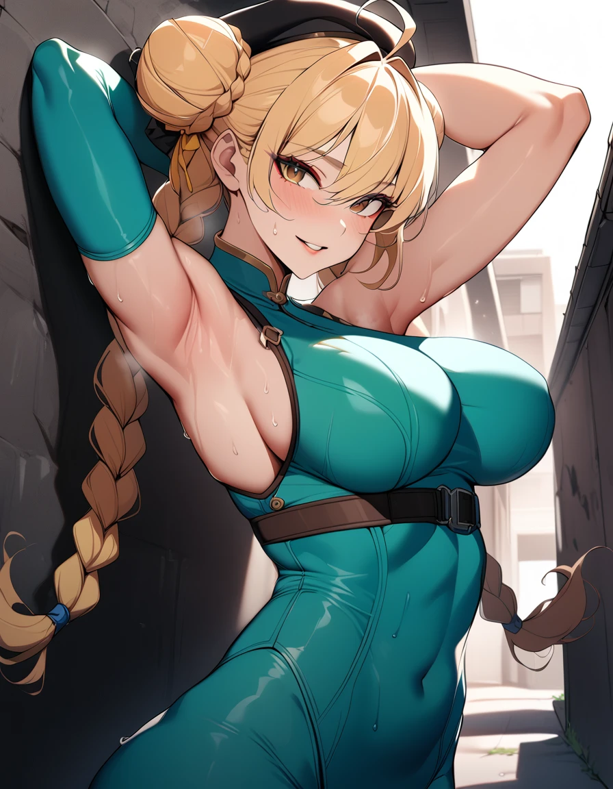 two woman, masterpiece,best quality,extreme detail,8k,cammyfn, 1girl, solo, long hair, breasts, blue eyes, blonde hair, large breasts, gloves, hat, upper body, braid, ahoge, twin braids, leotard, lips, makeup, beret, scar, antenna hair, nose, harness, huge ahoge, green leotard,sleeveless,arms behind head,armpit,armpits,sweaty,sweat,arms behind head,exhausted,sleeveless,cross eyed,sweaty armpits
, score_9, score_8_up, score_7_up, score_6_up, source_cartoon, BREAK masterpiece. CHUNLIAL, brown eyes, double bun, yellow ribbon, blue bodysuit, crop top, sleeveless, breasts, hand on own hip, looking at viewer, smile, parted lips,below view, smile, parted lips, alleyway, concrete wall, graffiti