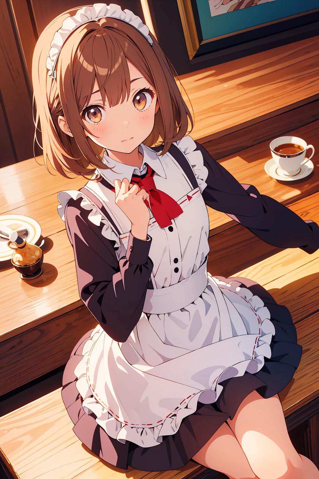 (Highest quality,Tabletop:1.2),(Anime Style,Comic Core:1.1),One Girl,Cute Style,Adorable,Highly detailed eyes,Highly detailed face,Very fine hair,About Hipdar,8k,solve,maid,maid服,mini skirt,squat,