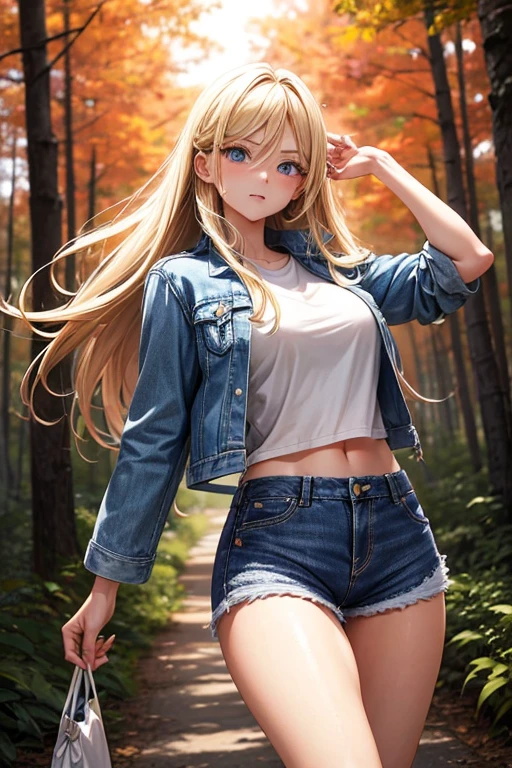 Draw a blonde with long hair down to her waist, beautiful blue eyes, very beautiful and delicious. She is wearing a short denim shorts and a short denim jacket. She is walking in the woods on a late afternoon with a reddish sunset. Front view from bottom to top, hair in the wind, Serious facial expression. Big and perky hot ass, hot thighs. Beautiful and sexy character. I am only a translate agent.