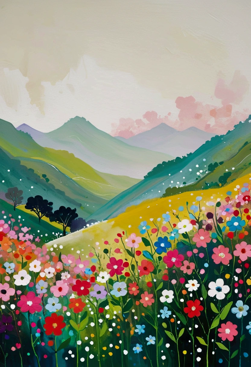 Fluid smudge painting,Dot,Colorful flowers,Minimalism,Inspired by the coronavirus。slopes。(((Negative Space,Large area of blank, Bottom left corner composition)))
