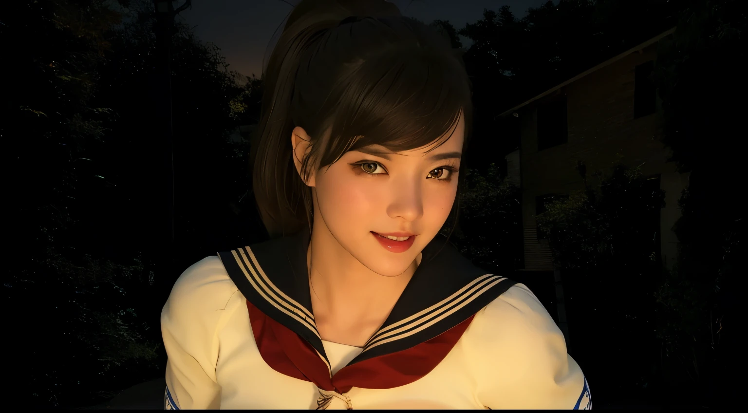 (Detailed CG、Unity、8k wallpaper)、(Very delicate and beautiful)、(masterpiece)、(Highest quality:1.2)、(Ultra-high resolution:1.3)、(Beautiful realistic Asian),Beautiful lighting、Perfect Lightning、Realistic Shadows、Fine skin、Very detailed、Detailed face and eyes、Realistic eyes、Sharp pupils、Huge , In the classroom、School、sunset、Beautiful Face、Blurred Background、(Japanese women)、Glowing Skin、Side Up、Beautiful black hair、Blunt bangs、Japan High School Sailor Uniform、Pleated mini skirt、A kind smile, ((Tabletop, Highest quality)), (Glowing Skin), Cinema Lighting, Physically Based Rendering, Award-winning, Very detailedな肌, Very detailedな顔, Beautiful eyes in every detail, Carl Zeiss 85mm f/1.4, (Cowgirl:1.3), (cumin , Chest and thighs), she'Very cute , (Brown Hair, Straight Long Hair, Open your eyes, Round face), Big cleavage, (Sailor blouse, I pulled up my pleated skirt myself:1.3), Watching from afar, (Spread your legs, Focus on the thighs),art、