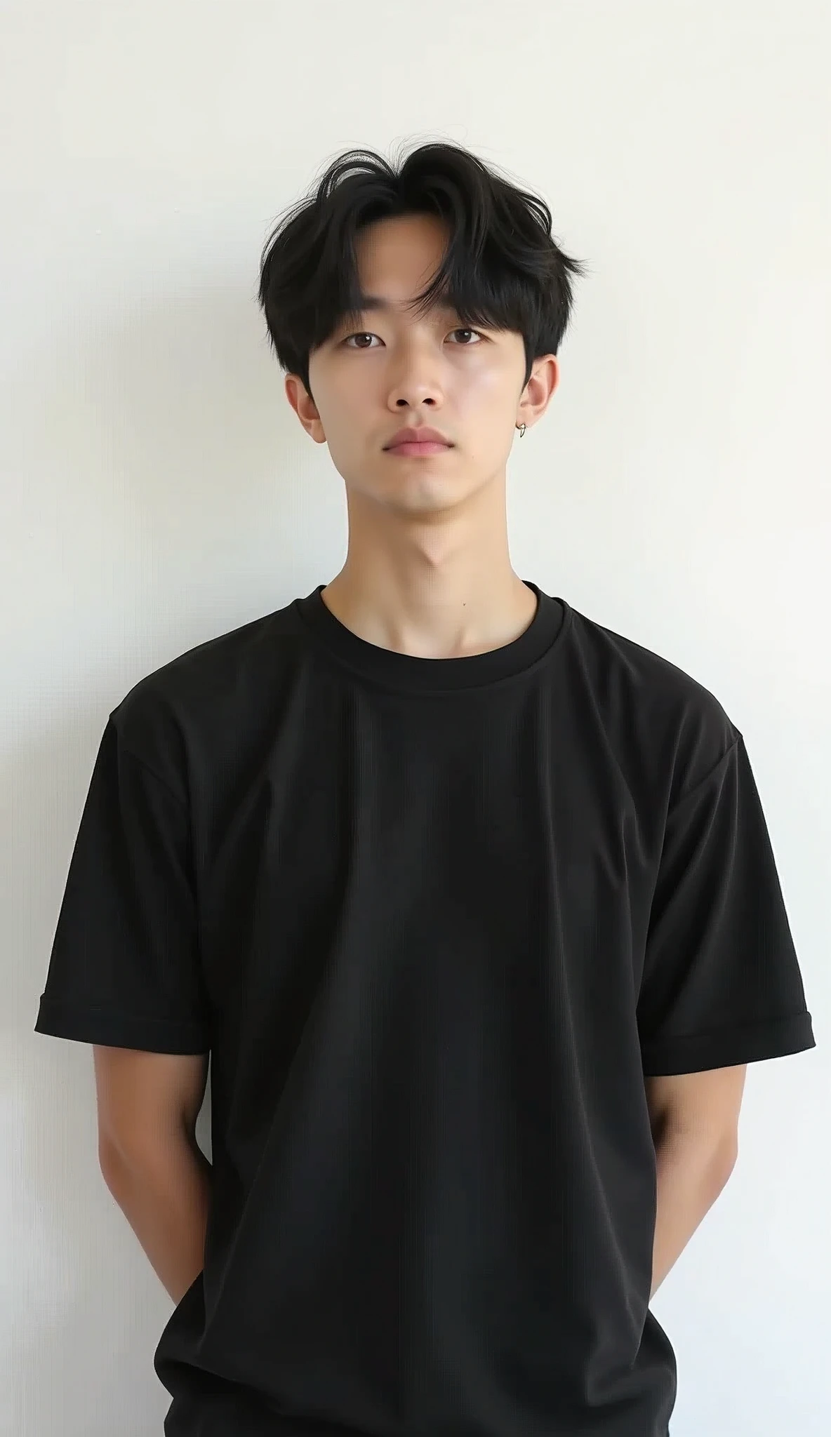 On a white background、A young man wearing a plain black unisex T-shirt、Beautiful Face、Japanese、22 years old、Black Hair、Cafe staff、Upper Body。