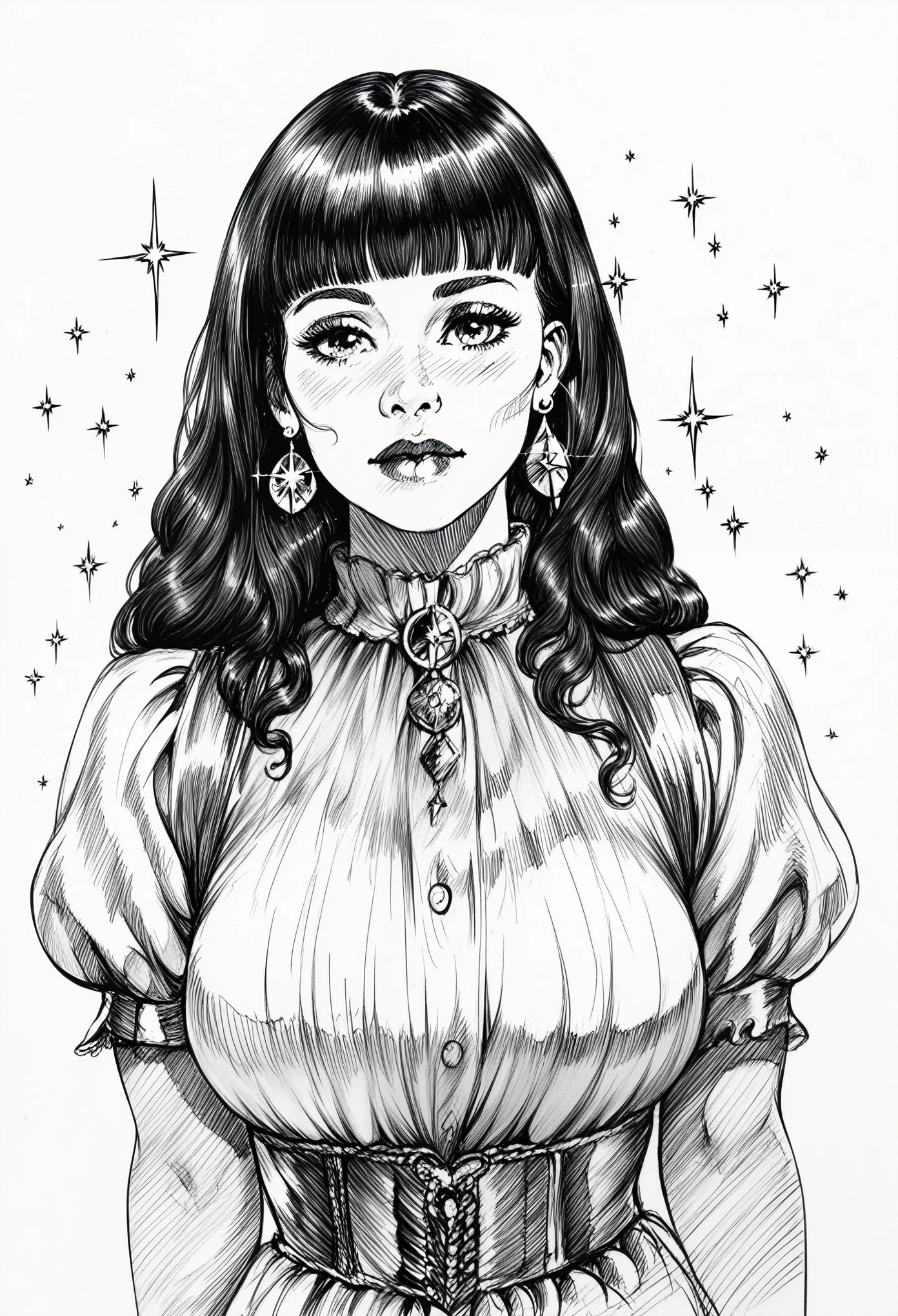 score_9, score_8_up, score_7_up, 1girl, sp1t, masterpiece, best quality, high quality, detailed clothes, detailed, monochrome, sketch, abundant detailed hatching shading, monochrome, big breasts, facing viewer, cozy outfit, white background, earring, neutral expression, straight hair, blunt bangs