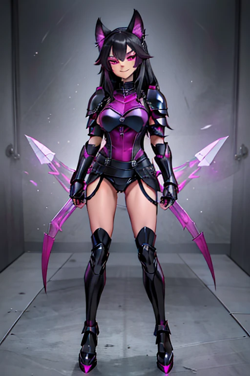female, black long hair with magenta trim, silver eyes, wolf ears, wolf tail, (((1girl))), (((black and magenta full body metal armor))), (black clawed gauntlets), (black clawed boots), cute and sexy, full body, large breasts, long legs, smiling