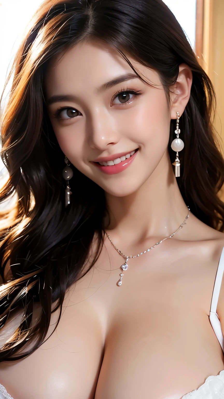 1 girl, (White Screen Background), ((32K, born, masterpiece: 1.5)), (Professional photography, sharp:1.2), Perfect dynamic composition, (Natural sunlight), (Soft Shadows),  ((Huge round breasts:1.5)), (((((Wavy black long hair))))), Highly detailed face and skin, The perfect Asian, White skin, (Delicate skin:1.4), (Latex Skin:0.4), (Perfect glowing skin:0.6), Light brown eyes, Beautiful Eyes, Round eyes, Pretty face, blush, Glossy Lips, Shiny eyes, Perfectly balanced face, Really moisturized skin, ((Excited expression)), (((Big smile for the camera))), looking at the camera, elegant necklace, Elegant earrings