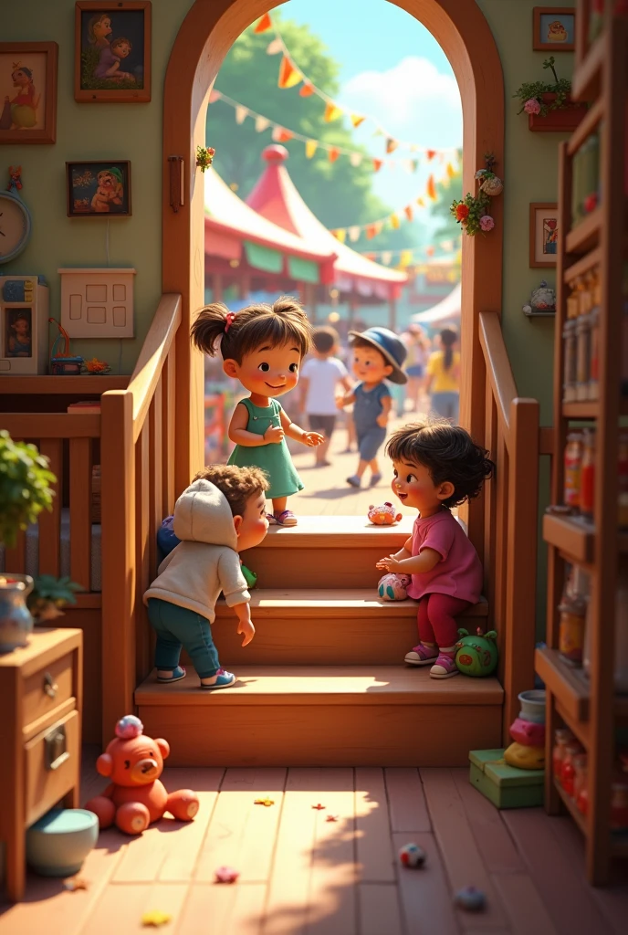Nursery with wooden stairs leading to a street fair