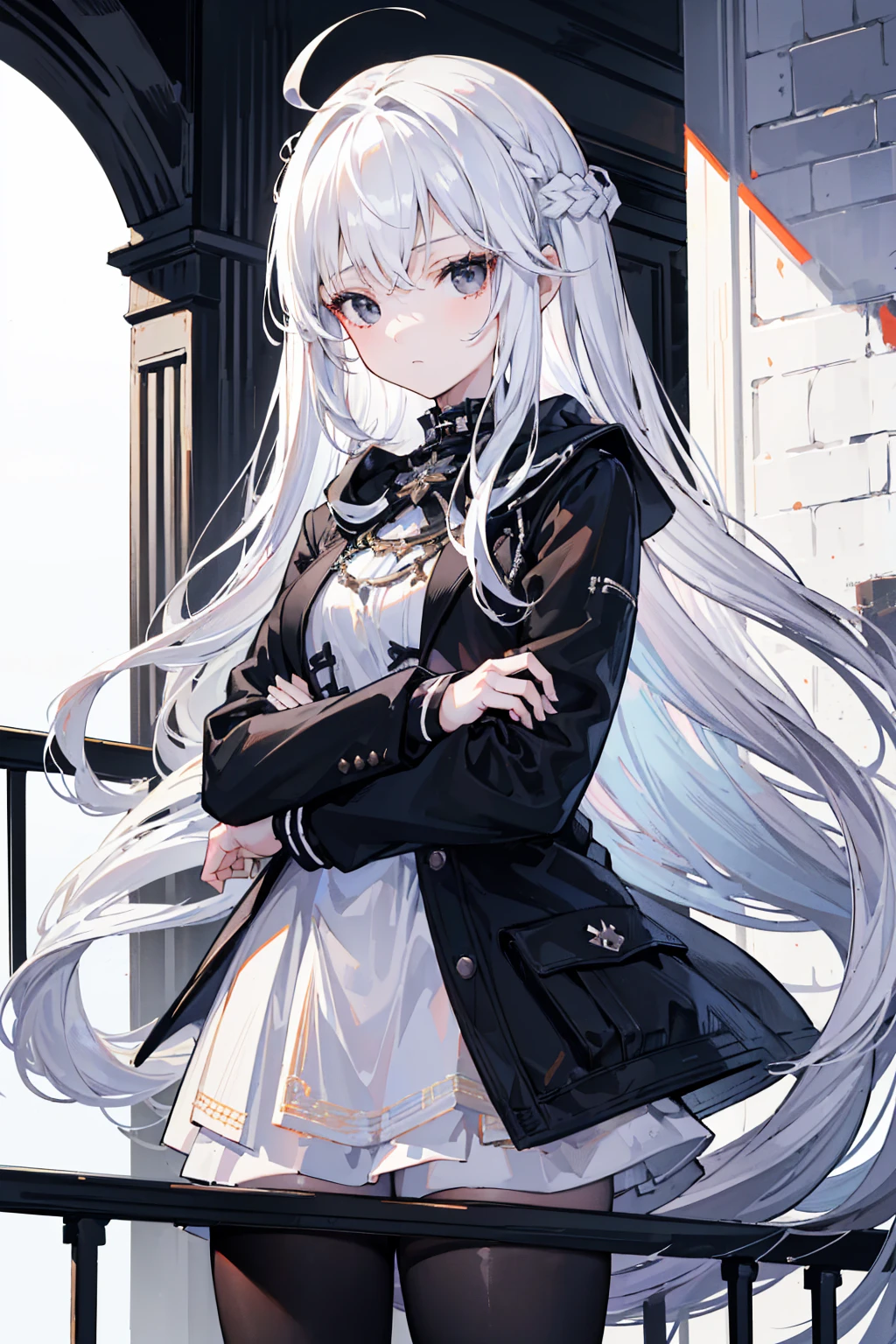 close-up, masterpiece, best quality, high details, (((a girl))), ((white long hair:1.2)), (black eyes:1.3), closed mouth, expressionless, Anime girl wearing Black jacket, white dress, Standing on the balcony