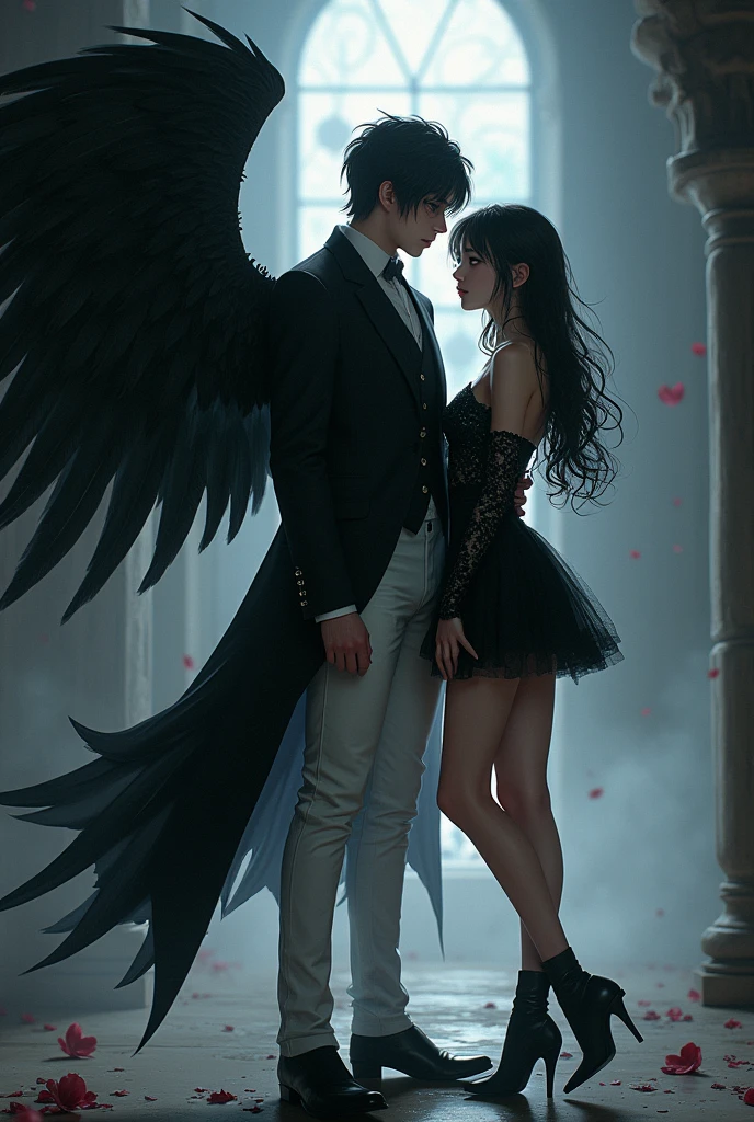 Man in gothic suit and white pants and wings. Girl gothic mini dress . Anime style
