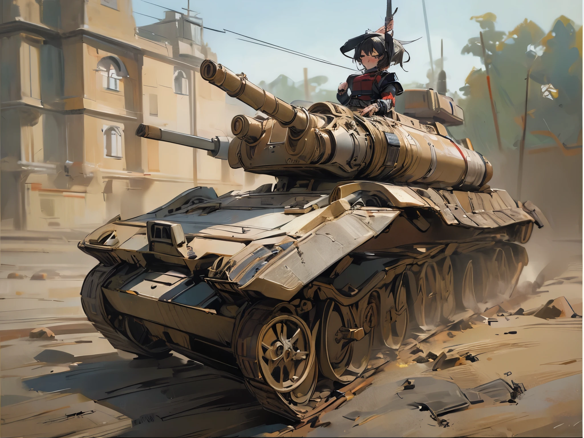 ((masterpiece)), Highest quality, 4k, ((anime style)), ((ultra-detailed)), (Armored Tank), 1girl, (british army officer:1.2), peace sign,