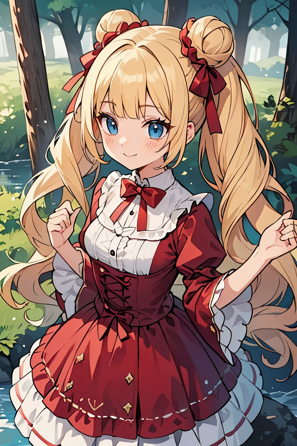 Safe for work, masterpiece, best quality, solo, 1 girl, cute girl, young adult girl, (young female body:1.4), ( medium small breasts), cowboy shot, shy smile, flustered, yellow hair, voluminous wavy hair, extra long hair, hime cut, very blunt bangs, light blue eyes, detailed eyes, forest trees, river background, cute lolita fashion, red lolita dress, cozy background, dark red lolita dress, ribbons, light red bows, bows, dynamic hairstyle, buns, ponytail, pigtails, spacebuns, side hairtail, princess hairstyle