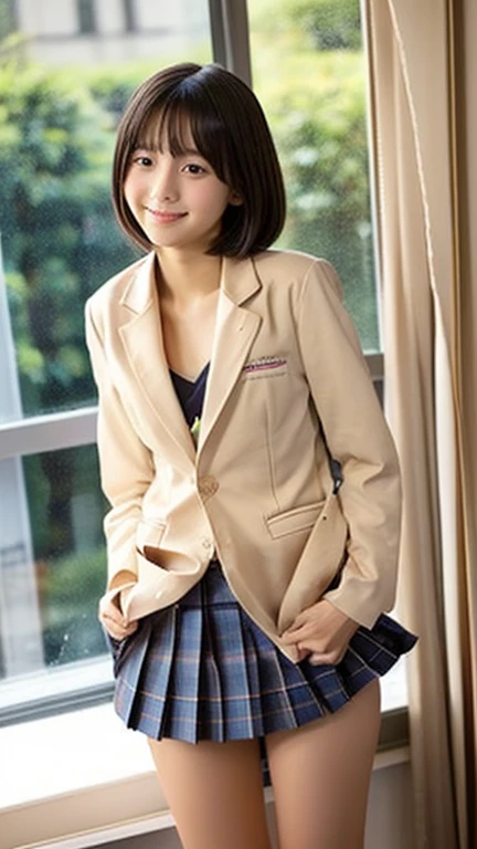 (Highest quality), (Beautiful 14 year old Japanese girl), (Moisturized lips), Narrow eyes, double eyelid, Delicate clavicle, Flat Chest , underdeveloped udder, smile, (Spotted sunlight: 1.2), Professional Lighting, (Petite figure), (Sunburned skin: 0.2), Full body photo, Full Body Focus, (Crouch down)、A fine honor student、Slender body、(Blazer school uniform:1.5)、Boyish ultra-short hair、Stylish white bedroom、Ribbon on chest、Sweep all your hair back、Completely naked、Lift up your skirt with both hands、You can see inside her skirt、(((Completely naked)))、exhausted look、Slightly parted lips
