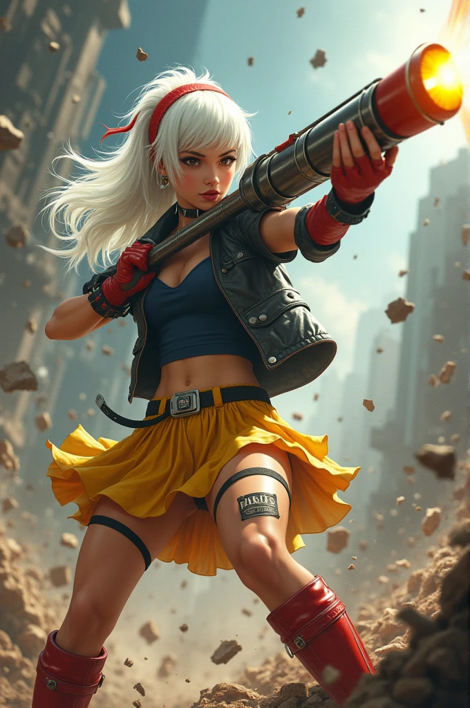 Pop punk style, low-angle shot, close-up, snow white  as warrior wearing a dark blue top and  short yellow skirt, dark hair with red headband and leather red boots flying in the air, action pose, using plasma bazuka cannon, epic body dynamics, a highly detailed masterpiece, gigantism, dramatic cinematic lighting, tons of flying debris around her, epic and dynamic composition, complex details, CarnageStyle, intensity