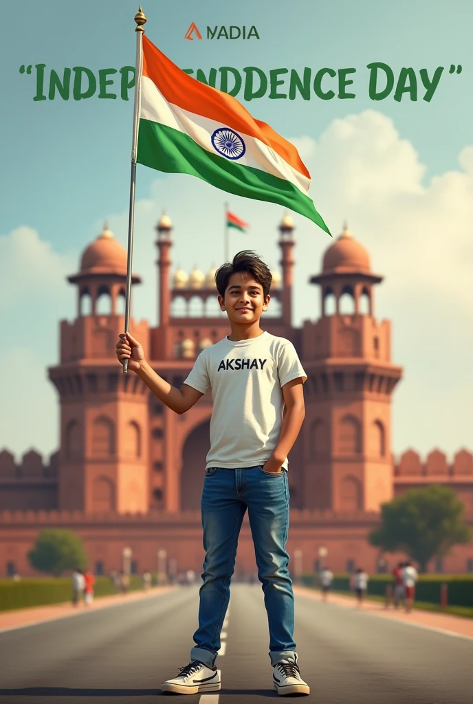 Generate a Realistic 16 years old boy, Wearing White T shirt blue jeans sneakers and the name "Akshay " is written on his t-shirt and the boy is standing on the road with holding a national flag of India, and behind him is the Red Fort Delhi. And written on sky "Independence Day" Create Realistic Written on sky "Independent Day " Create Realistic image high quality 
