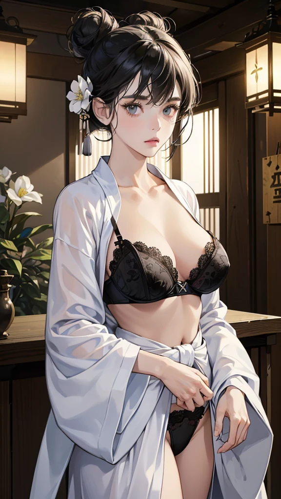 (perfect anatomy:1.2)(absurdres, highres, ultra detailed),masterpiece,best quality,high resolution,8k,Realistic face,Realistic skin texture,magnified textures, stunning clarity,(ultra detailed eyes and face),(1 girl:1.5),,black hair,messy bun,pale skin, mysterious eyes,(White flower-patterned yukata with a brooch exposed1.4)(thin fabrik),,thin body type,big breasts,black (satin bra:1.2),(black fundoshi:1.2),(surprised:1.2)Steampunk in the meiji Period、night、Lobby of Japanese Ryokan、hieroglyph,Ancient Egyptian statues,look at viewer,(from front:1.3),Delicate atmosphere、,cowboy shot,